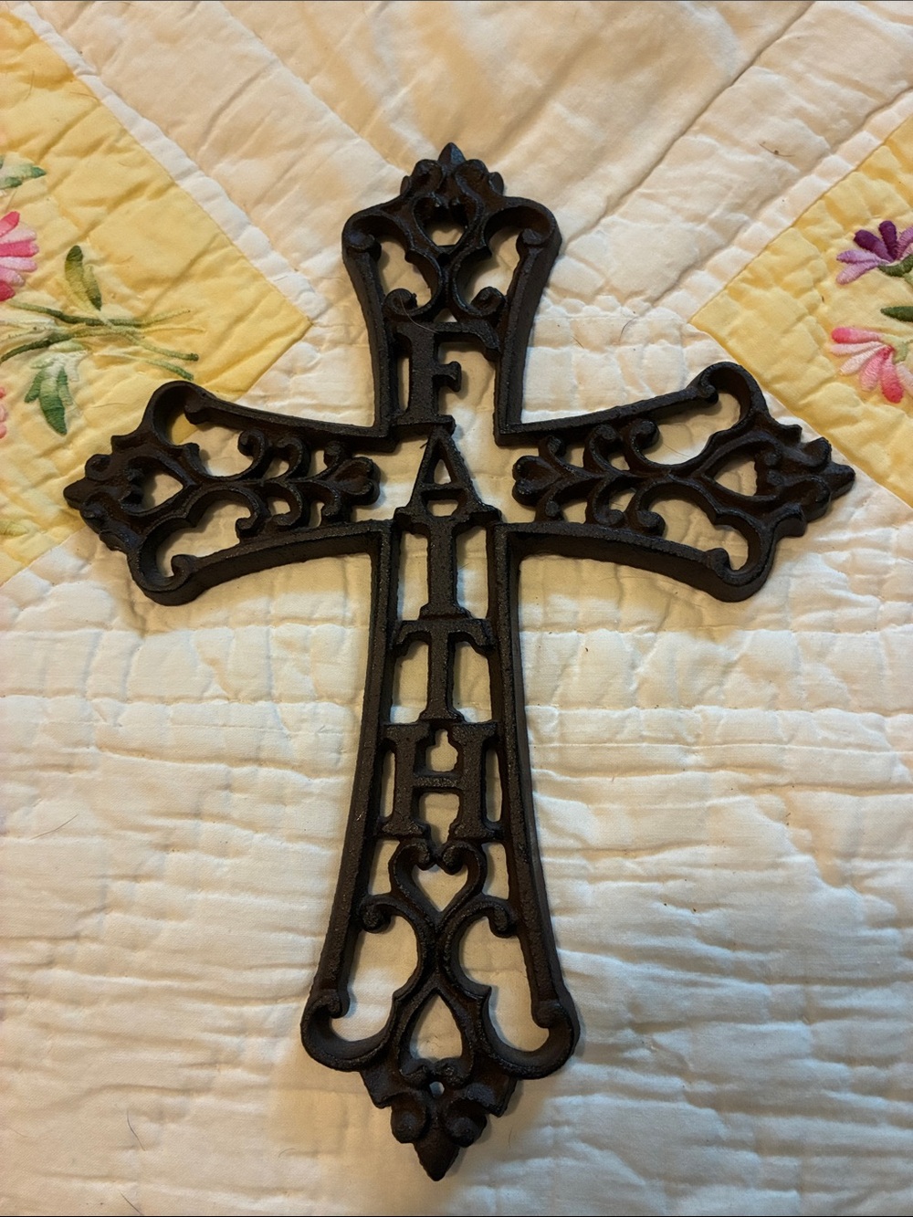Decorative Medium Size Faith Cast Iron Wall Cross in Dark Brown